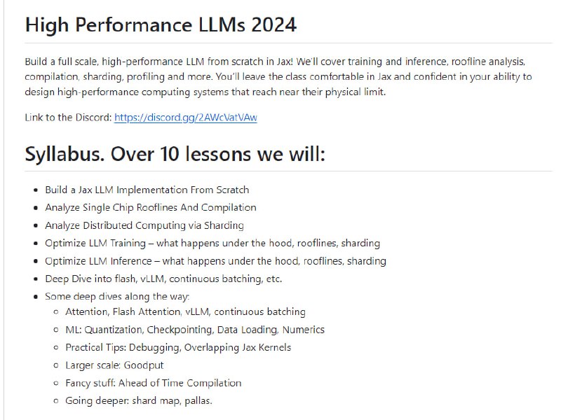 Jax高性能LLM课程，旨在从头开始构建一个全尺度、高性能LLM，使用Jax进行训练和推理，涵盖了roofline分析、编译、分片、性能分析等内容