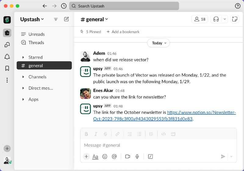 Upsy: 开源的Slack机器人，记住你的对话，以便在你有问题时提供快速、准确的答案