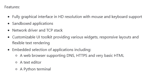 Munal OS：用Rust编写的实验性操作系统，采用unikernel设计和WASM沙箱安全模型完全图形界面，支持鼠标和键盘操作；内嵌多种应用，如支持HTTPS的网页浏览器、文本编辑器和Python终端；无传统中断和多核支持，采用单线程事件循环，性能可轻松监测Munal OS：用Rust编写的实验性操作系统，采用unikernel设计和WASM沙箱安全模型完全图形界面，支持鼠标和键盘操作；内嵌多种应用，如支持HTTPS的网页浏览器、文本编辑器和Python终端；无传统中断和多核支持，采用单线程事件循环，性能可轻松监测