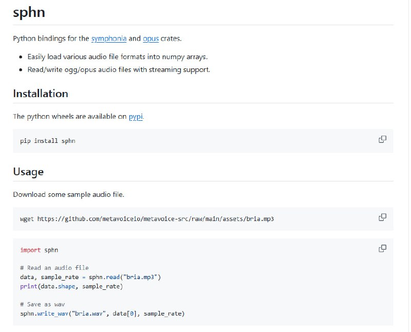 sphn：用Python轻松处理音频文件 | #工具支持多种音频格式读取，一键转换为numpy数组，实现ogg/opus文件的读写，支持流式处理，提供高效的音频处理能力，助力音频开发