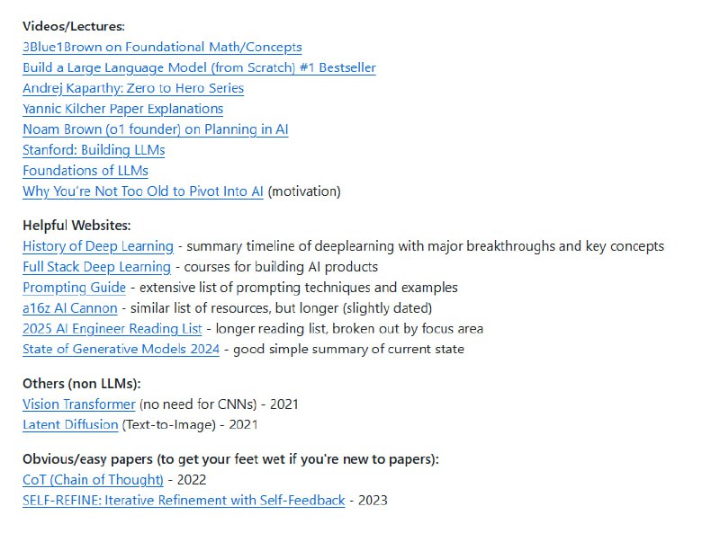 AI-Crash-Course，助你两周内高效掌握核心进展：• 创始人Henry Shi，传统软件创始人成功转型AI，汇总必读资源，聚焦实战与前沿  • 系统学习路径：从神经网络基础到大型语言模型（LLM）系列；精选2023-2025年最新Survey综述论文  • 重点论文覆盖基础建模（Transformer、Scaling Laws、RLHF等）、规划推理（AlphaZero、CoT、ReACT、ARC-Prize）及应用（Toolformer、GPT4、Llama3、Gemini1.5）  • 强调最新突破：无监督强化学习DeepSeek、无需奖励模型的DPO、人类水平评估LLM-as-Judge等  • 丰富辅助资源：顶级视频讲座（3Blue1Brown、Andrej Karpathy）、前沿课程（Full Stack Deep Learning）、详尽提示工程指南  • 跨领域视角：视觉Transformer、扩散模型Latent Diffusion，拓展非LLM AI知识边界  • 结构化阅读清单兼具理论深度与实践指导，帮助从业者快速定位重点，直击AI技术发展关键节点AI-Crash-Course，助你两周内高效掌握核心进展：• 创始人Henry Shi，传统软件创始人成功转型AI，汇总必读资源，聚焦实战与前沿  • 系统学习路径：从神经网络基础到大型语言模型（LLM）系列；精选2023-2025年最新Survey综述论文  • 重点论文覆盖基础建模（Transformer、Scaling Laws、RLHF等）、规划推理（AlphaZero、CoT、ReACT、ARC-Prize）及应用（Toolformer、GPT4、Llama3、Gemini1.5）  • 强调最新突破：无监督强化学习DeepSeek、无需奖励模型的DPO、人类水平评估LLM-as-Judge等  • 丰富辅助资源：顶级视频讲座（3Blue1Brown、Andrej Karpathy）、前沿课程（Full Stack Deep Learning）、详尽提示工程指南  • 跨领域视角：视觉Transformer、扩散模型Latent Diffusion，拓展非LLM AI知识边界  • 结构化阅读清单兼具理论深度与实践指导，帮助从业者快速定位重点，直击AI技术发展关键节点