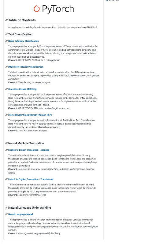 一份 #NLP 教程列表：NLP Tutorial内容含有新闻分类、电影评价分类、问答匹配、神经网络机器翻译等等