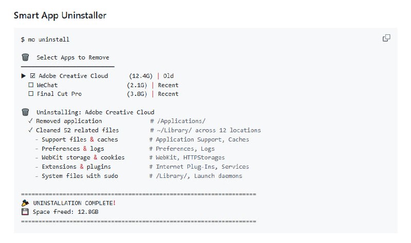 Mole 是一个轻量级终端工具，能快速帮你释放上百GB空间，功能强大且零冗余：| #工具- 🐦 深度系统清理，覆盖超 22 个位置，比 CleanMyMac 更彻底  - 📦 智能卸载应用，连带清理相关残留文件  - 📊 交互式磁盘分析器，轻松找到大文件，一键删除  - ⚡️ 快速响应，支持分页和键盘导航，操作流畅  - 🧹 每月清理，帮你恢复大量宝贵空间  安装简单，支持 Homebrew 一键安装：brew install tw93/tap/mole运行命令也非常直观：mole clean          # 一键清理