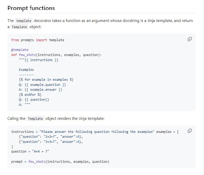 Prompts-大型语言模型提示库：为大型语言模型设计的提示库，提供模板装饰器和Jinja模板渲染功能，简化与语言模型的交互过程