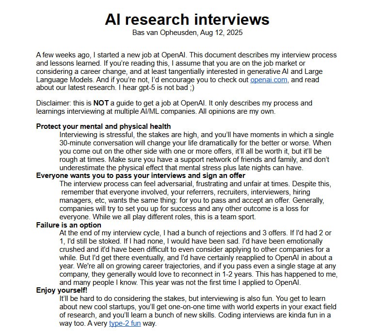 Bas van Opheusden分享了他加入OpenAI的面试经验，给求职者提供了宝贵的洞见和实用建议