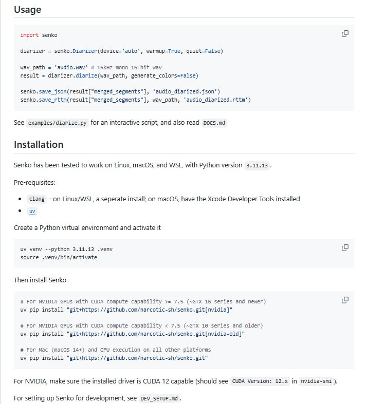 Senko 是一个超高速且高精度的开源说话人分离（speaker diarization）项目，采用最新算法和多核CPU/GPU加速，1小时音频仅需5秒处理时间（RTX 4090），速度远超Pyannote等主流方案