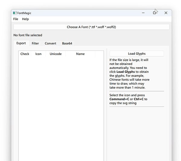 一个字体工具，主要功能：解析字体文件的所有unicode及字形，可以通过快捷键将选中的字形以svg字符串的形式进行拷贝