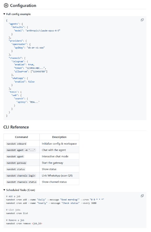4000行代码复刻Claude Code，比Clawdbot更轻量的极简AI助手港大数据科学实验室开源了一个有意思的项目：nanobot