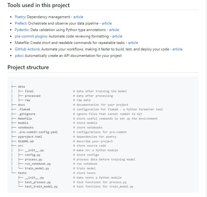 数据科学项目模板，重点是易复现和易维护该模板允许你：✅给你的项目创建一个可读的结构✅提交代码时自动运行测试✅在运行时强制执行类型提示✅提交前检查代码中的问题✅有效地管理项目中的依赖关系✅为可重复的任务创建简短易读的命令✅仅重新运行管道的修改组件✅自动记录你的代码✅观察并自动化你的代码项目地址 | #模板 #数据科学