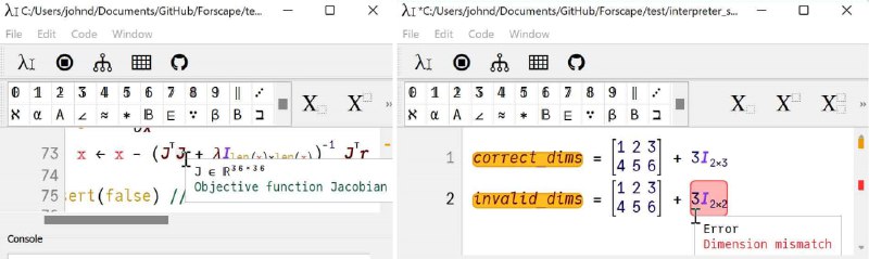 面向科学计算的编程语言和编辑器，旨在通过低成本的抽象、安全检查和直观的用户体验来解决工程问题，特别强调矩阵运算，并提供了一个支持数学渲染的编辑器Forscape | #编辑器