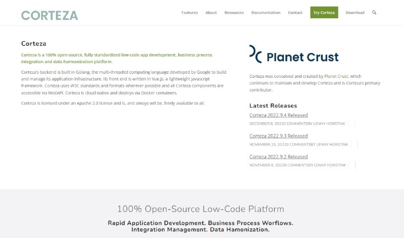 Corteza是一个100%开源，完全标准化的低代码应用程序开发，业务流程，集成和数据协调平台