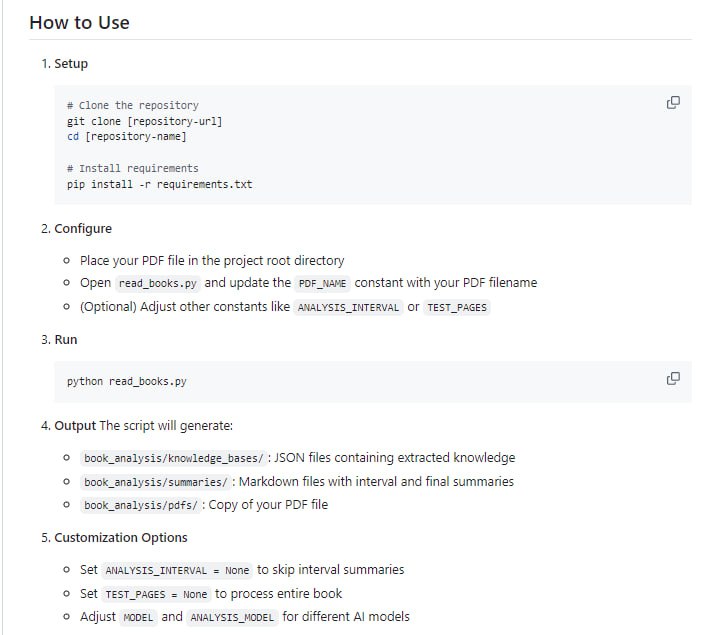 read_books.py脚本，PDF智能阅读与知识提取工具- 智能逐页解读PDF书籍，就像真人阅读一样细致- 自动提取关键知识点，帮你抓住重点- 定期生成阶段性总结，让你随时掌握阅读进度- 所有笔记都以Markdown格式保存，方便日后回顾贴心功能：📚 全自动分析与知识提取，解放你的时间🤖 AI驱动的内容理解与归纳，准确把握要点📊 间隔式进度总结，及时回顾不遗漏💾 知识库持久存储，笔记安全不丢失🎨 彩色终端显示，重要信息一目了然🔄 支持断点续读，随时继续上次进度⚙️ 灵活的配置选项，按需调整分析间隔🚫 智能过滤目录索引等非核心内容📂 结构化的输出目录，笔记管理更轻松AI reads books | #工具