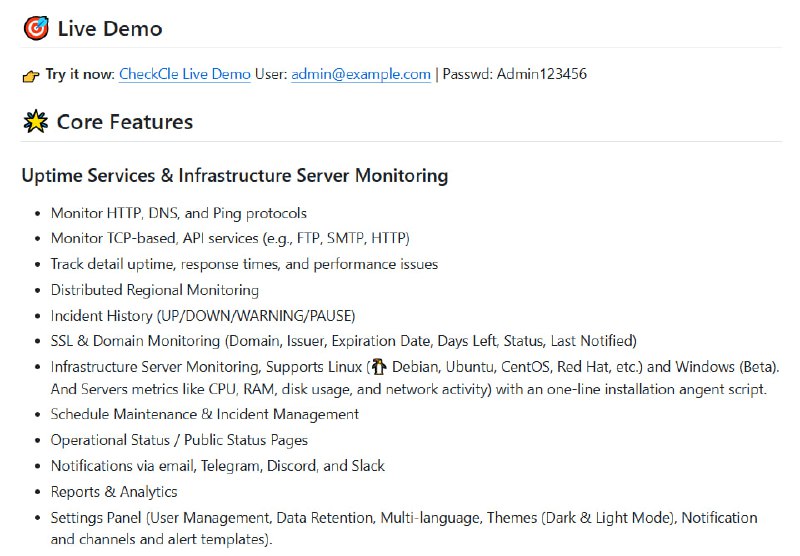 CheckCle：开源自托管的全栈实时监控平台，专为开发者、运维和DevOps设计，助力全面掌控系统与应用性能