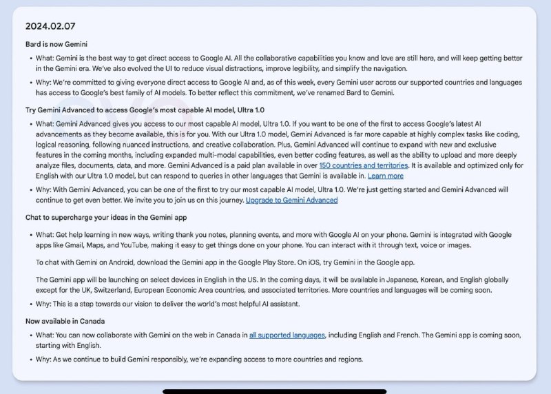 Gemini Ultra即将上线，Bard将更名为 Gemini一份泄露的文档显示，Google的Gemini Ultra模型将在2月7号上线，同时Google聊天机器人Bard将更名为Gemini