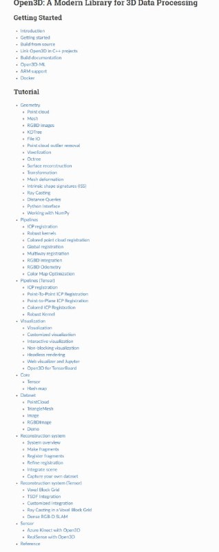Open3D: 现代3D数据处理库Open3D 是一个开源库，支持快速开发处理 3D 数据的软件