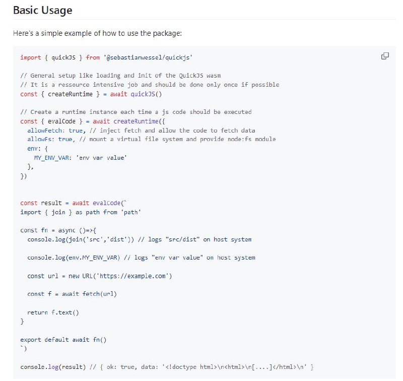 安全执行JavaScript代码的WebAssembly沙箱工具，适用于隔离和安全运行不受信任的代码，利用轻量和快速的QuickJS引擎编译为WebAssembly，为代码执行提供强大的环境QuickJS | #工具