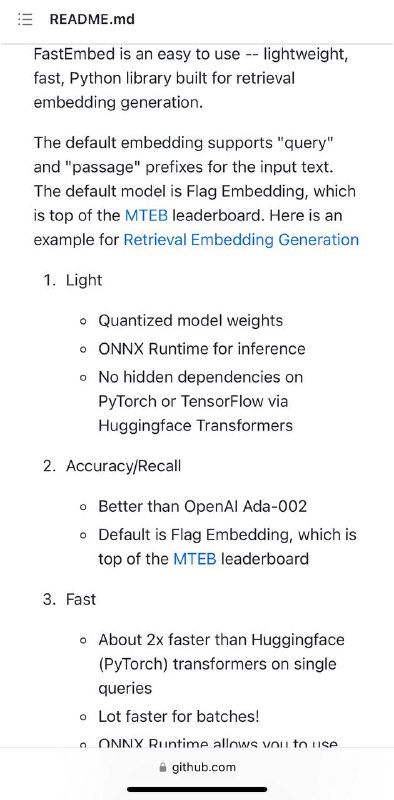 FastEmbed 易用的轻量、快速的 Python 库，专为检索嵌入生成而构建
