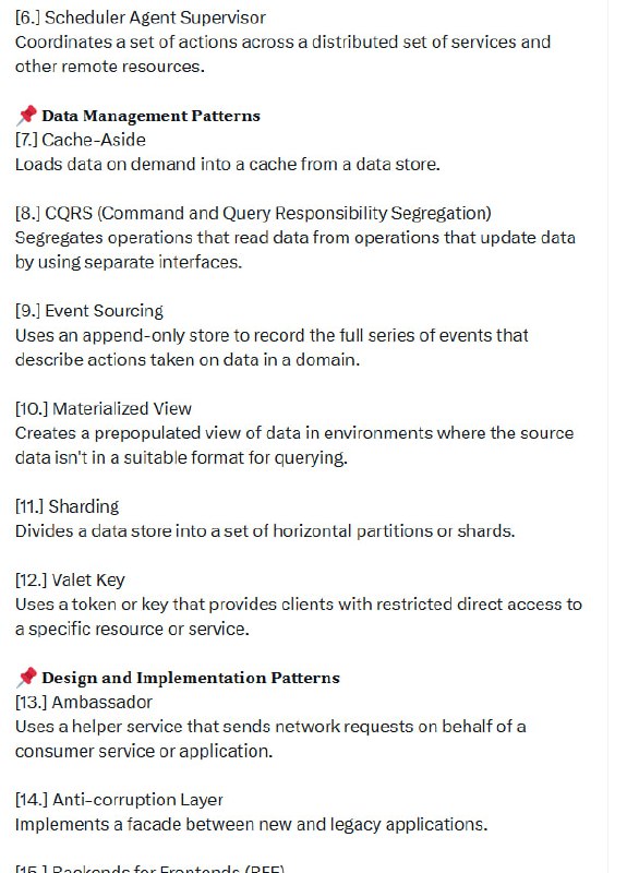 云原生架构的稳定与高效，离不开这22个核心设计模式，掌握它们是构建弹性系统的必备技能 | @techNmak • 可用性模式    - Circuit Breaker：阻断失败操作，防止雪崩效应    - Retry：自动重试，处理瞬时故障    - Throttling：限制资源消耗，防止过载    - Health Endpoint Monitoring：实时健康检查    - Queue-Based Load Leveling：通过队列缓冲请求，平滑负载    - Scheduler Agent Supervisor：分布式任务协调  • 数据管理模式    - Cache-Aside：按需缓存，减轻数据库压力    - CQRS：读写分离，优化性能与扩展    - Event Sourcing：事件驱动，完整审计轨迹    - Materialized View：预计算视图，提升查询效率    - Sharding：水平拆分，支持大规模数据存储    - Valet Key：受控访问，安全授权机制  • 设计与实现模式    - Ambassador：代理服务，简化网络请求管理    - Anti-corruption Layer：新旧系统隔离，防止污染    - Backends for Frontends (BFF)：定制化后端，提升前端体验    - Compute Resource Consolidation：资源整合，降低成本    - External Configuration Store：集中配置管理，方便运维    - Gatekeeper：权限守门，防止非法跨域访问    - Sidecar：边车模式，隔离服务组件    - Strangler Fig：渐进替换遗留系统，平滑迁移  • 消息模式    - Competing Consumers：多消费者并发处理，提高吞吐    - Priority Queue：优先级消息处理，保障关键任务  这些模式不仅提升系统容错和扩展能力，更是云架构设计的底层智慧，帮助工程师应对复杂现实，构建长远可靠的服务