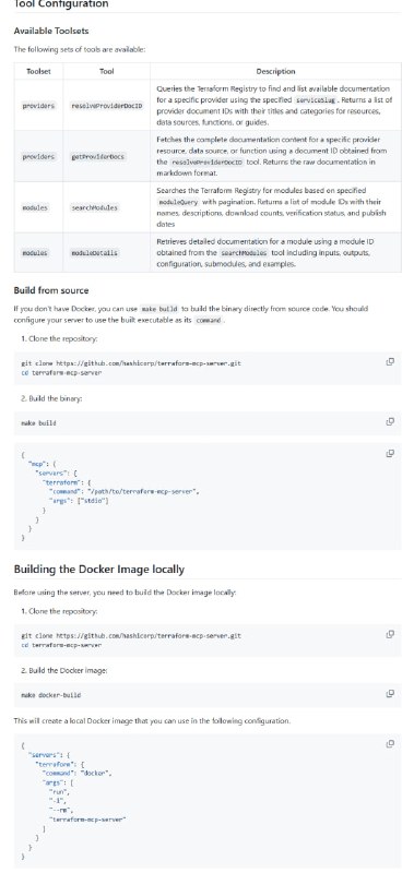 Terraform MCP Server：为Terraform生态系统提供无缝集成，助力基础设施即代码（IaC）开发的自动化与交互能力自动发现Terraform模块和提供者；提供详细的提供者资源和数据源信息；支持通过Docker快速部署，简化安装流程Terraform MCP Server：为Terraform生态系统提供无缝集成，助力基础设施即代码（IaC）开发的自动化与交互能力自动发现Terraform模块和提供者；提供详细的提供者资源和数据源信息；支持通过Docker快速部署，简化安装流程