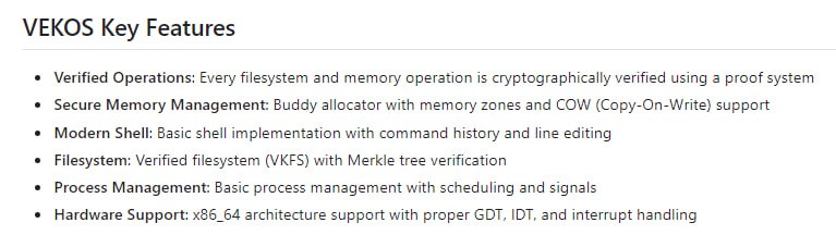 VEKOS：用Rust编写的实验性操作系统，专注于核心验证和安全性
