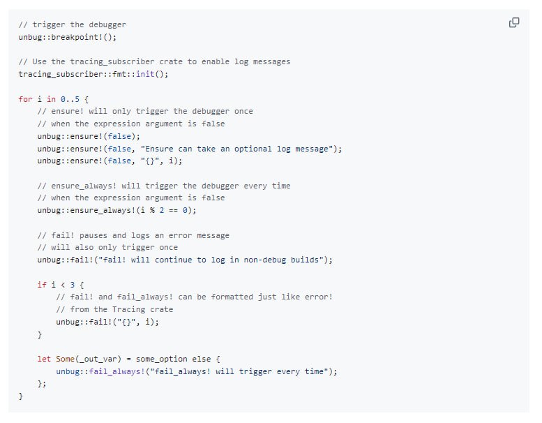Unbug：Rust编程语言的断点调试工具箱，提供方便的宏来实现编程断点，可帮助开发者捕获调试过程中的错误