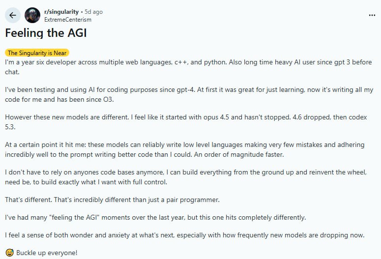当AI开始写比你更好的代码，那条线已经悄悄越过去了 | 帖子一个有六年经验的开发者发现，自从新一代模型出现，AI写代码已经不是“辅助”而是“主导”