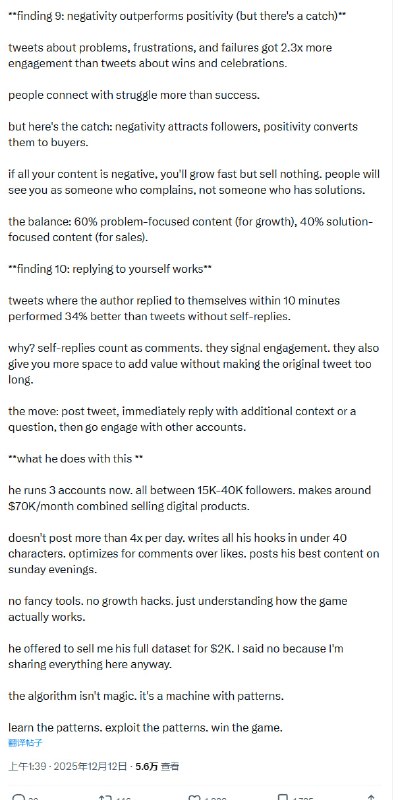 有人花14个月跟踪5万条推文，逆向研究了Twitter算法，揭示了10个关键真相，颠覆了大多数“专家”的说法：帖子1. 决定推文命运的是前47分钟