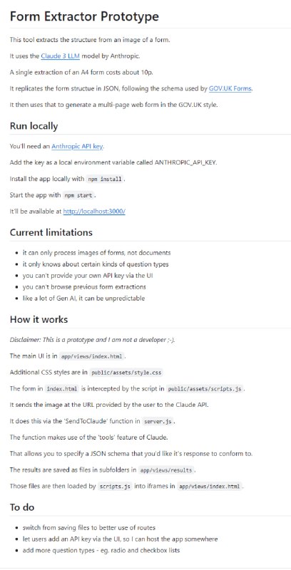 Form Extractor Prototype：使用 Claude 3 LLM 模型的工具，可以从表单图像中提取结构，并将其转换为符合 GOV.UK 表单模式的 JSON 结构，然后生成多页面的 Web 表单