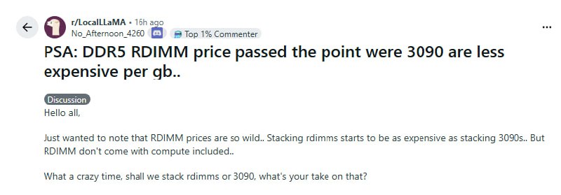 DDR5 RDIMM价格暴涨：堆内存还不如堆显卡 | 帖子最近DDR5 RDIMM的价格涨到了一个离谱的程度——按每GB成本计算，堆内存居然比堆3090显卡还贵