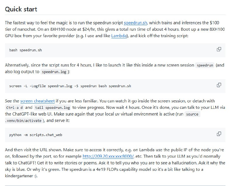 Karpathy 最新项目震撼发布！不到 8000 行代码，完整实现了从训练到推理的 LLM 全流程，堪称开源界的宝藏 | nanochat- 用 Rust 实现了高效的 tokenizer 训练  - 在 FineWeb 语料上预训练 Transformer LLM，并多维度评估核心指标  - 中期训练结合用户-助手对话、选择题、工具调用等多样任务  - 监督微调（SFT）后，模型在多项世界知识（ARC-E/C、MMLU）、数学（GSM8K）、代码（HumanEval）测试中表现优异  - 可选用“GRPO”算法进行强化学习（RL），提升数学题解答能力  - 轻量化推理引擎支持 KV 缓存、简单预填充/解码，集成 Python 沙箱工具，同时提供 CLI 和类 ChatGPT 网页 UI  - 生成统一的 Markdown 报告，方便总结、打分和游戏化体验  模型架构细节同样亮眼：  类似 LLaMA 的稠密 Transformer，采用 rotary 位置编码、QK 归一化、未绑定的嵌入/反嵌入层、ReLU² MLP，无偏置线性层，简洁高效；优化器结合 Muon 与 AdamW，推理中还用了 logit softcap 技巧