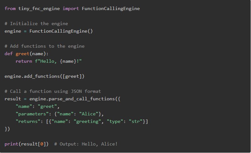 tiny_fnc_engine：从大型语言模型（LLM）输出中提取函数并灵活调用的轻量级Python库，支持动态添加函数、JSON格式解析、函数链式调用、参数引用和Pydantic模型类型安全验证tiny_fnc_engine：从大型语言模型（LLM）输出中提取函数并灵活调用的轻量级Python库，支持动态添加函数、JSON格式解析、函数链式调用、参数引用和Pydantic模型类型安全验证