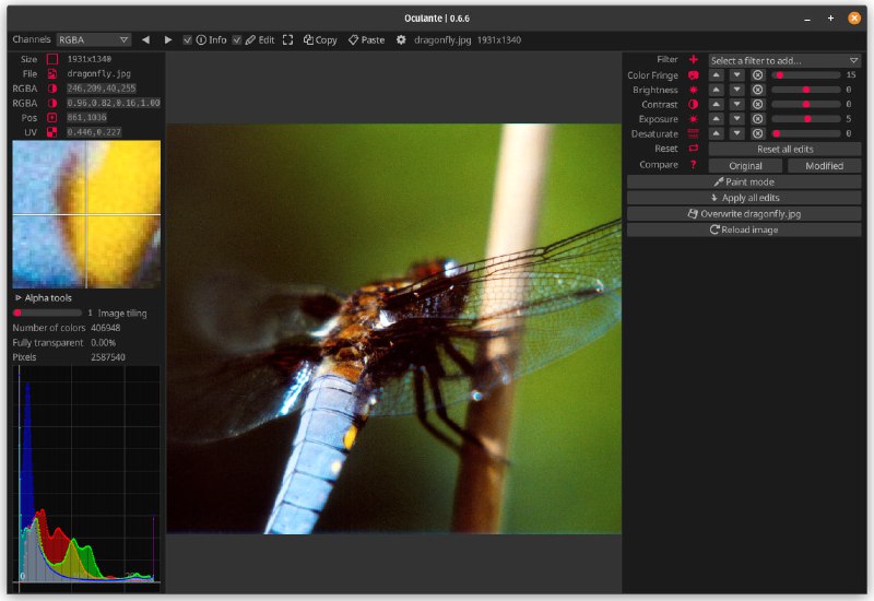 用Rust编写的简约跨平台图片查看器，具有硬件加速和广泛的图片格式支持，旨在快速打开和加载图片，提供基本的编辑工具，并支持像素选择、位置和颜色值显示等功能，Oculante还支持图片序列的快速播放和像素信息的检查