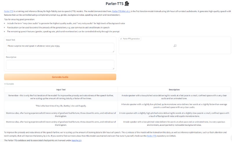 Parler-TTS：开源的轻量级文本到语音（TTS）模型，可以生成高质量、自然流畅的语音，模仿给定的演讲者（性别、音高、说话风格等