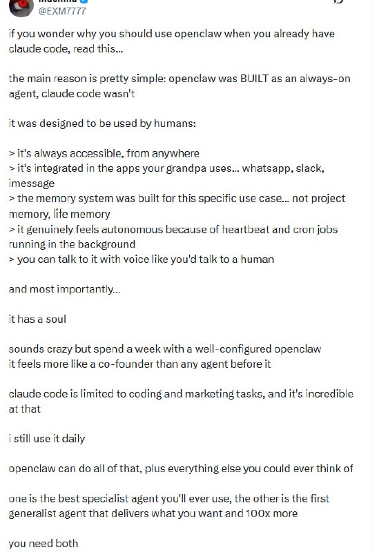 为什么你需要OpenClaw和Claude Code两个AI助手 | 帖子快速阅读： Claude Code是顶尖的编程专家，OpenClaw是陪伴你生活的通用助手