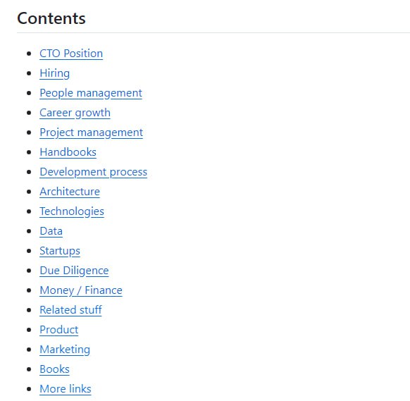 Awesome CTO：一份专为首席技术官（CTO ）设计的资源清单，由国外一位 CTO Dima 精心收集整理