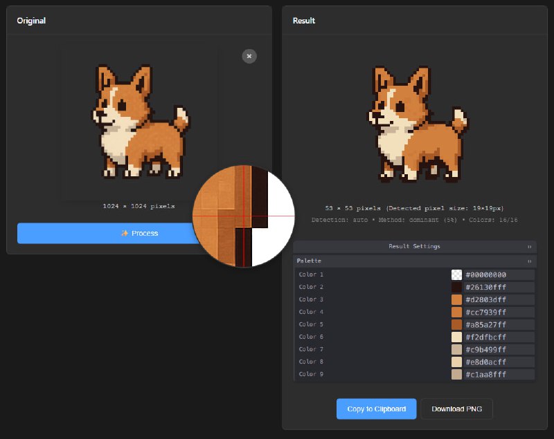 unfake.js：专注于 AI 生成图像的精修与矢量化，打造像素级完美视觉资产• 双核心模式：    - 像素艺术处理器：智能检测像素尺寸，内容感知降采样，网格对齐及色彩量化，消除 AI 生成图像常见的色彩溢出和锯齿
