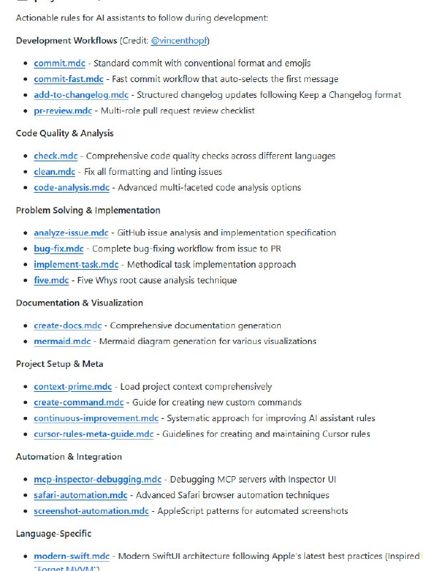 agent-rules：为AI编程助手打造的实用规则库，助力高效开发提供标准化的开发流程规则，涵盖代码提交、问题分析、文档生成等；支持多种语言和框架的代码质量检查与优化；全球规则配置，一键提升AI助手能力agent-rules：为AI编程助手打造的实用规则库，助力高效开发提供标准化的开发流程规则，涵盖代码提交、问题分析、文档生成等；支持多种语言和框架的代码质量检查与优化；全球规则配置，一键提升AI助手能力