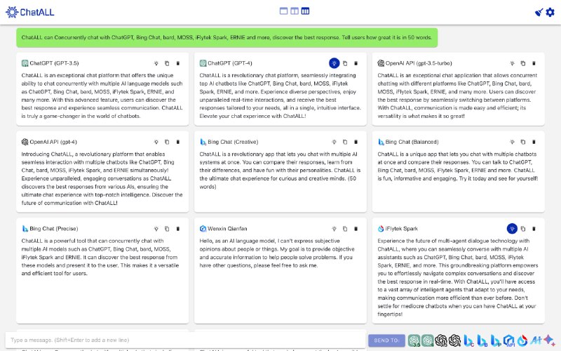 ChatALL：可以同时与多个AI聊天机器人（如ChatGPT、Bing Chat、Bard、Alpaca、Vincuna、Claude、ChatGLM、MOSS、iFlytek Spark、ERNIE等）进行对话的工具