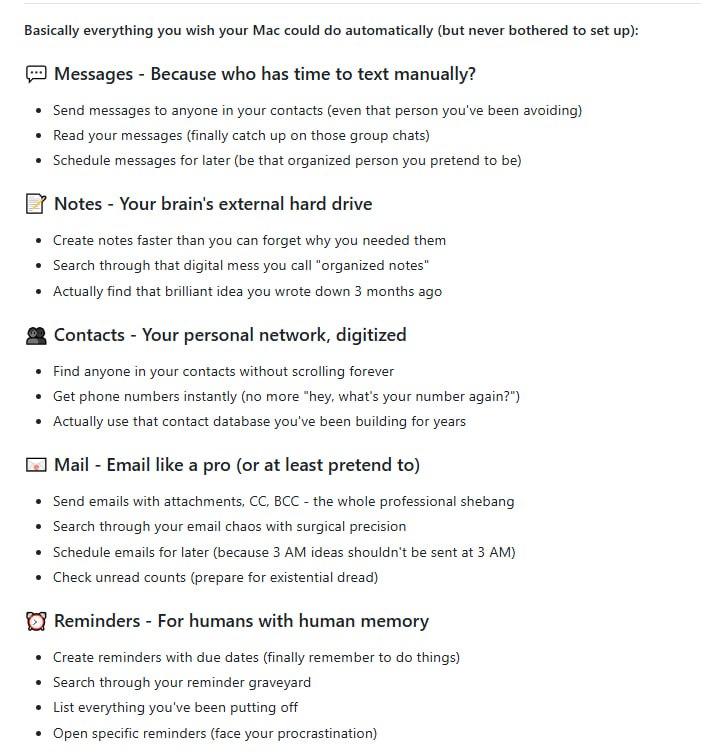 Apple MCP 是一套集成 Apple 原生应用的模型上下文协议工具，让你的 Mac 不仅仅是“好看”，还能变成 AI 助手，帮你自动完成各种日常任务