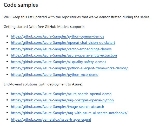 Python + AI livestream series: ResourcesAzure AI Foundry 团队在其讨论区分享的一系列关于Python与人工智能直播的优质资源，涵盖实用工具、代码示例及学习路径，旨在帮助开发者高效上手AI项目