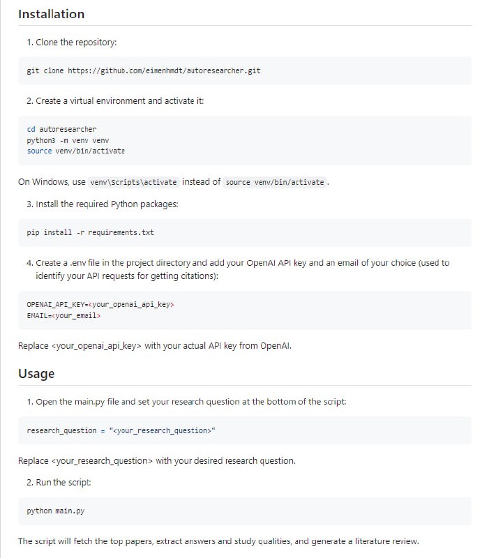 基于GPT AI模型的开源项目，可以根据给定的研究问题自动生成学术文献综述，可以从Semantic Scholar API中获取论文，提取相关信息，并将研究结果汇总成简明的文献综述 | AutoResearcher