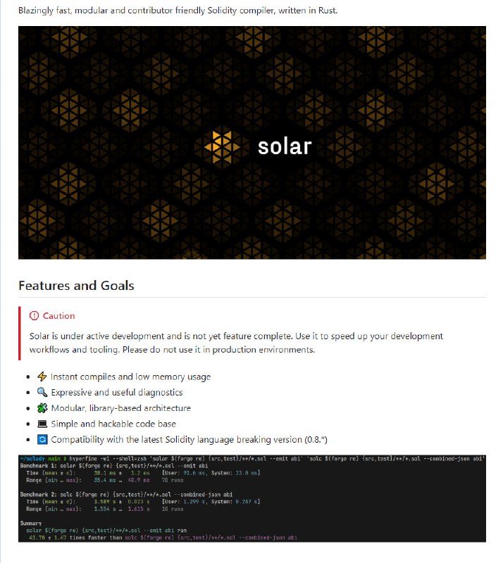 Solar：一款用Rust编写的超快速、模块化且易于贡献的Solidity编译器，主打快速编译和低内存使用