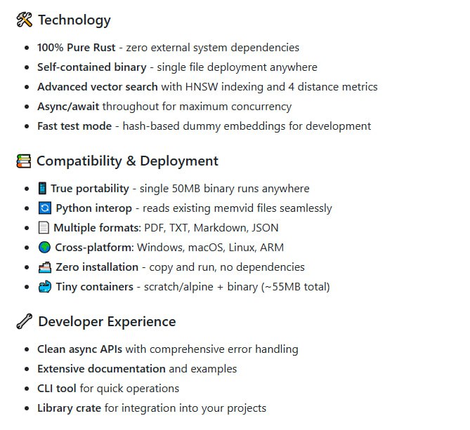 memvid-rs：它将文本文件转化为视频文件，通过QR码和神经网络语义检索，实现高效存储和精准搜索