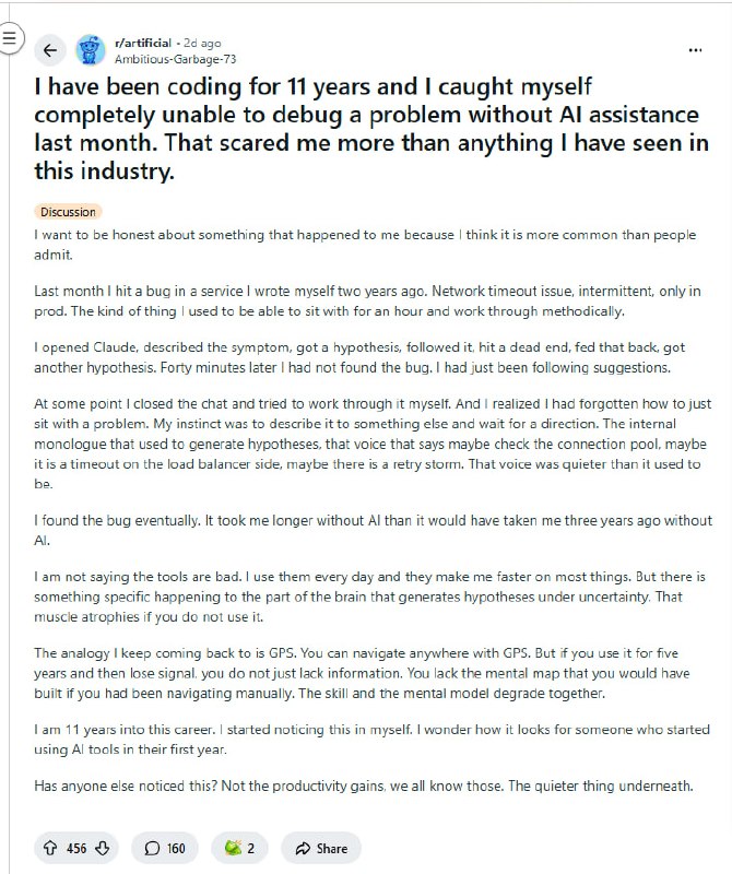 程序员的肌肉萎缩：我们是在利用工具，还是在丧失直觉？ | 帖子提要：本文探讨了开发者在使用 AI 工具时面临的一种隐形危机：随着习惯性将问题描述给 AI 并等待指令，人类在不确定性下自主构建假设、进行逻辑推演的“思维肌肉”正在发生萎缩