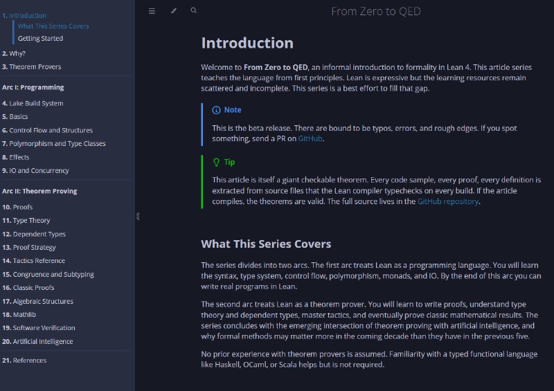 Stephen Diehl 编写的教程《From Zero to QED》该教程为读者提供 Lean 4 交互式定理证明器的非正式入门指南