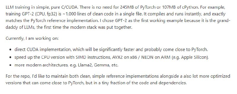 llm.c：实现了大语言模型(LLM)训练的简单、纯 C/CUDA 版本，无需 PyTorch 或 cPython