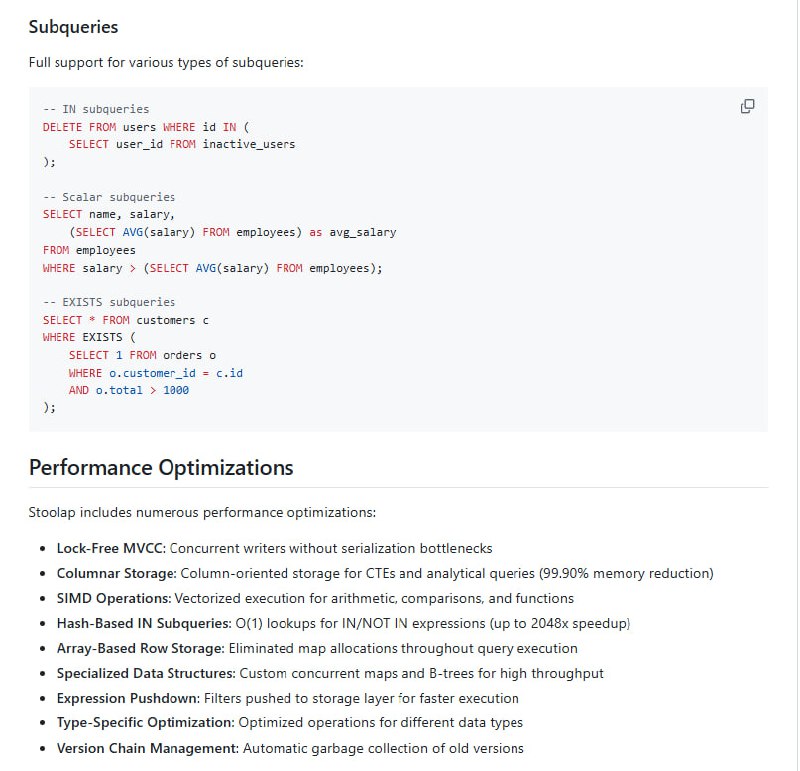 Stoolap：一款高性能、零依赖的纯Go语言SQL数据库，支持事务处理和数据分析