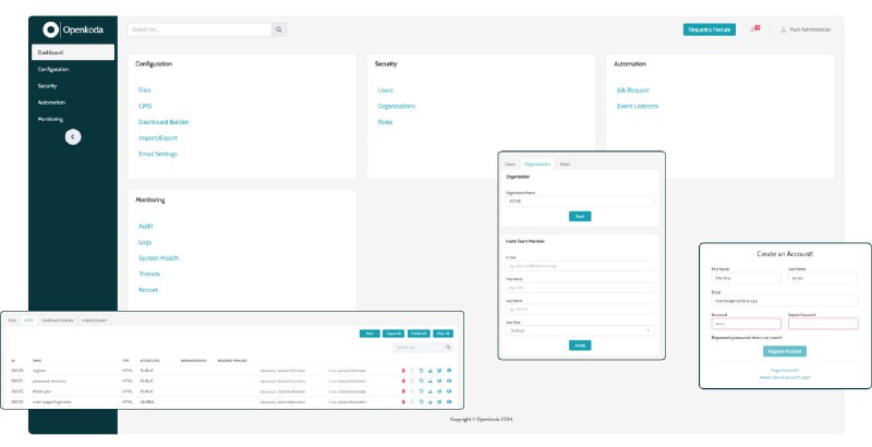 openkoda：快速开发企业级应用的集成开发环境，提供预构建功能和即用型特性，减少开发时间和工作量，支持动态实体和多租户模型，使用熟悉的技术栈如Java、Spring Boot、JavaScript等，提供无限自定义和集成选项