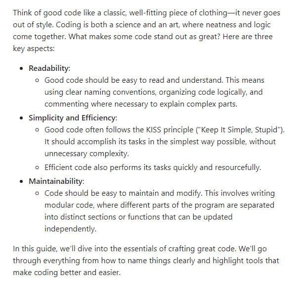 一个帮助编写高质量代码的开源指南，强调代码的可读性、简洁性和易维护性
