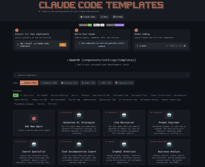 开发者日常配置、监控Anthropic Claude Code再也不用手动写一堆脚本了Claude Code Templates 是一个开源CLI工具，提供了丰富的预设配置和插件集，帮你快速搭建和管理AI开发环境
